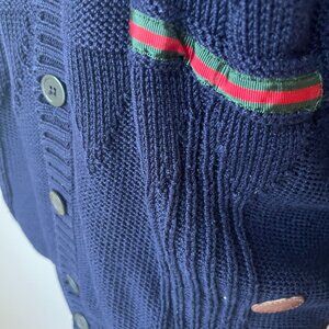 Gucci Vintage Navy Wool Cardigan – Red/Green Web Trim – 80s